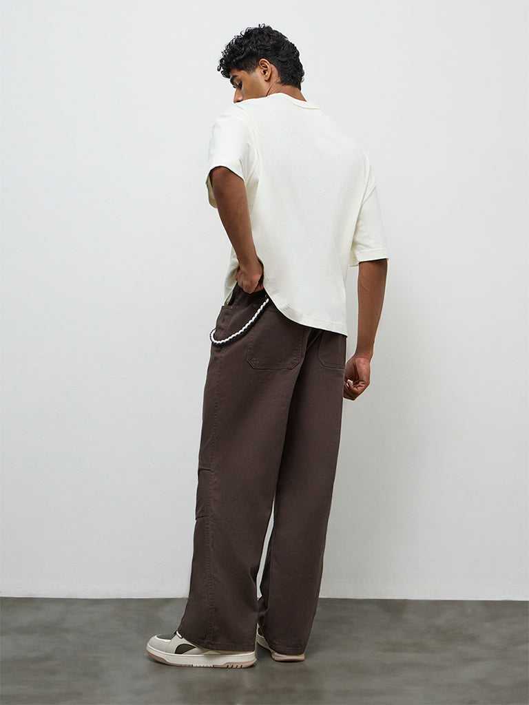 Nuon Brown Relaxed-Fit Mid-Rise Cotton Trousers with a Braided Cord