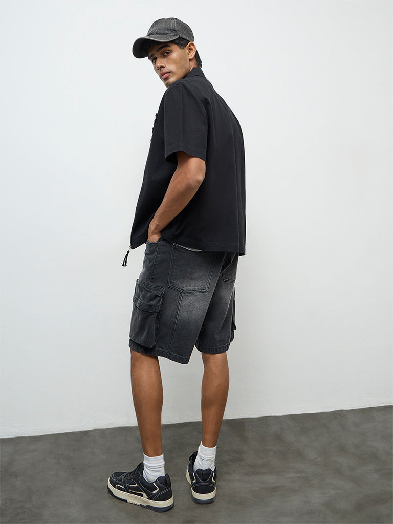 Nuon Black Embroidered Relaxed-Fit Cotton Shacket