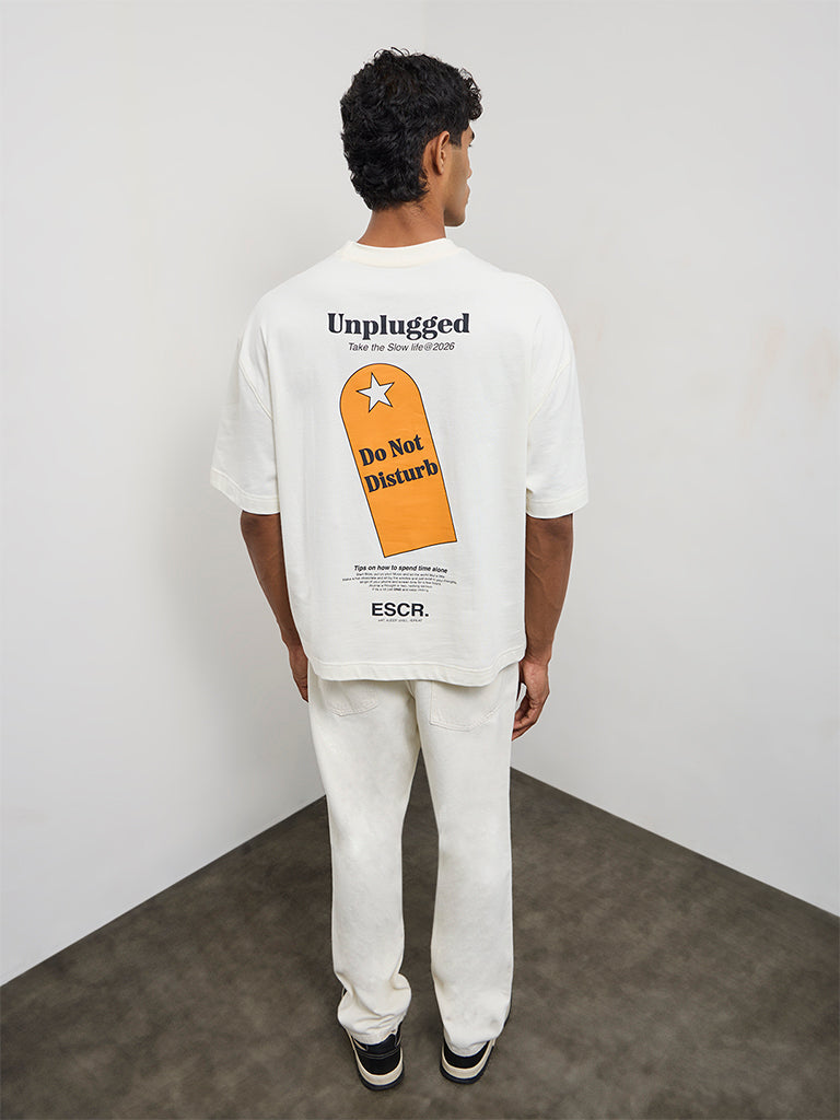 Nuon Off-White Text Printed Relaxed-Fit Cotton T-Shirt