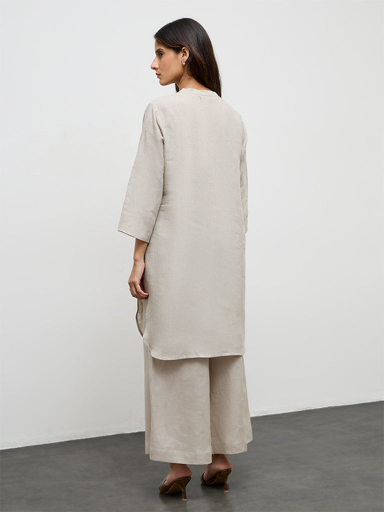 Zuba Light Taupe Embroidered Linen A-Line Kurta