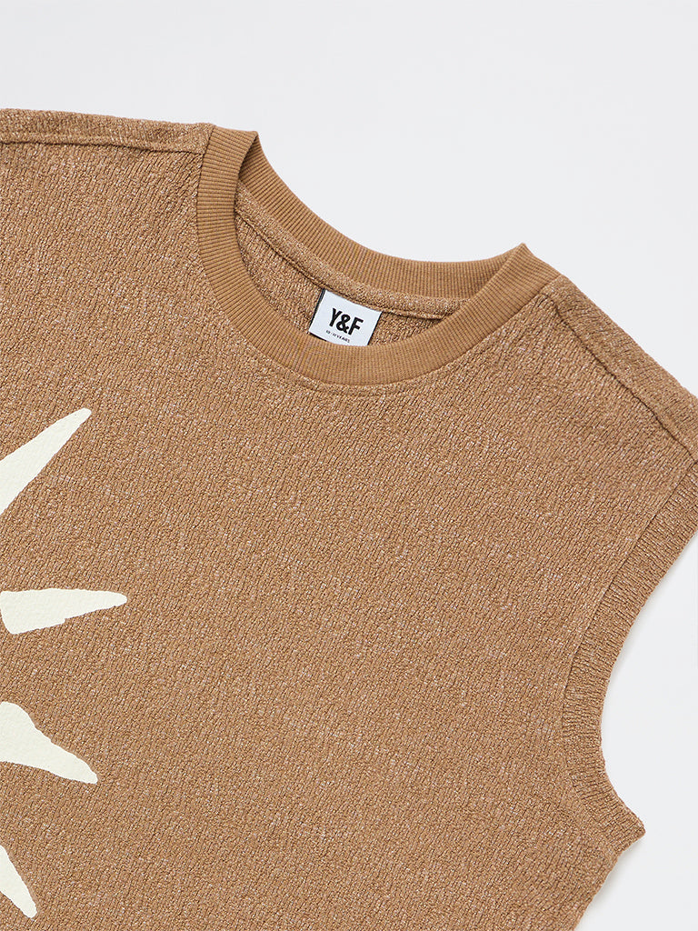 Boys Brown Printed Cotton-Blend T-Shirt