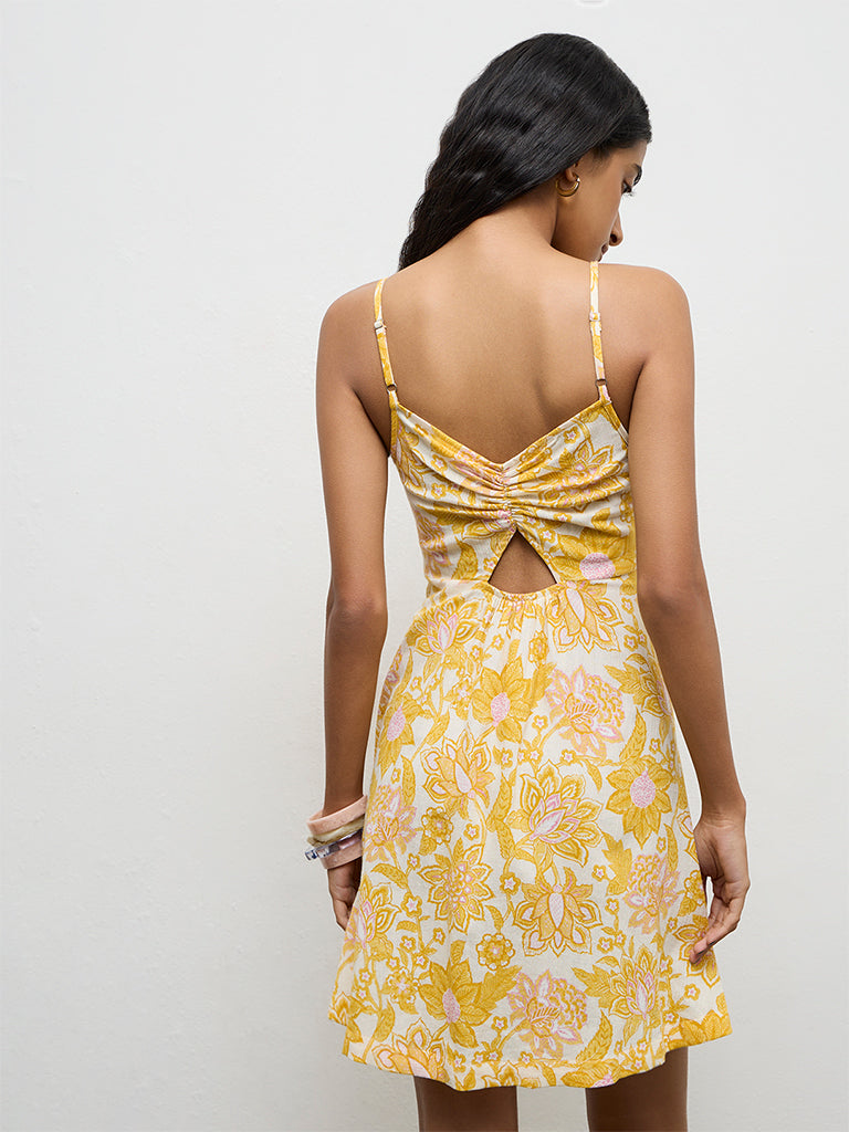 Bombay Paisley Yellow Floral Printed Cotton A-Line Dress