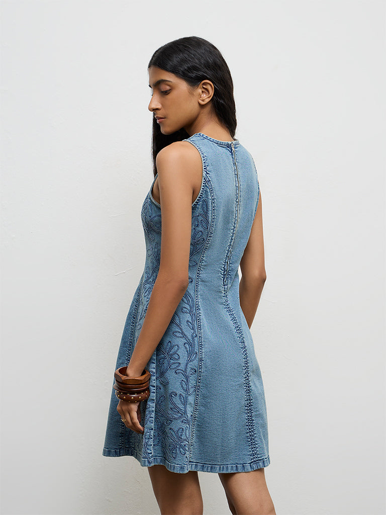 Bombay Paisley Blue Floral Pattern Denim A-Line Dress
