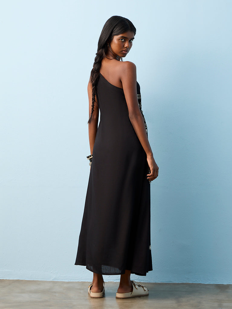 Bombay Paisley Black Embroidered One-Shoulder Dress