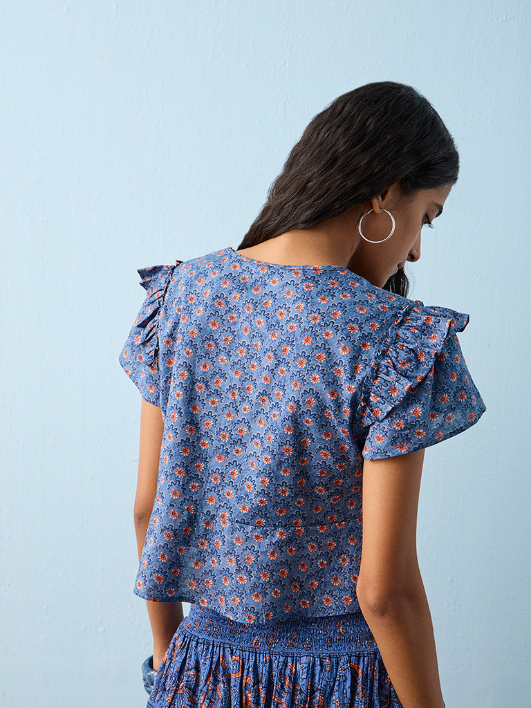 Bombay Paisley Blue Floral Pattern Cotton Top