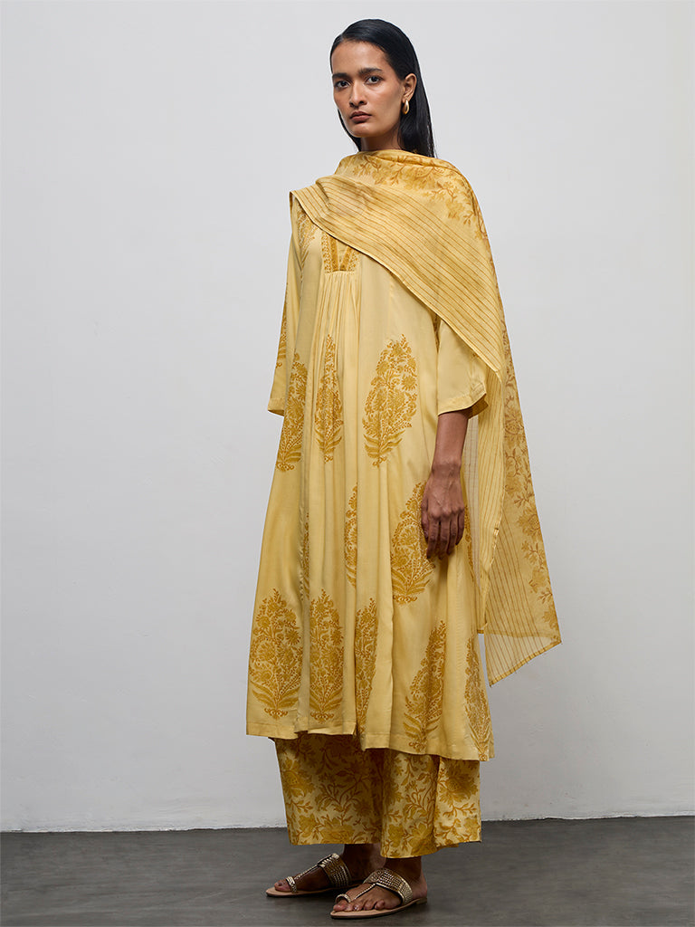 Zuba Yellow Floral Printed Silk Cotton-Blend Dupatta