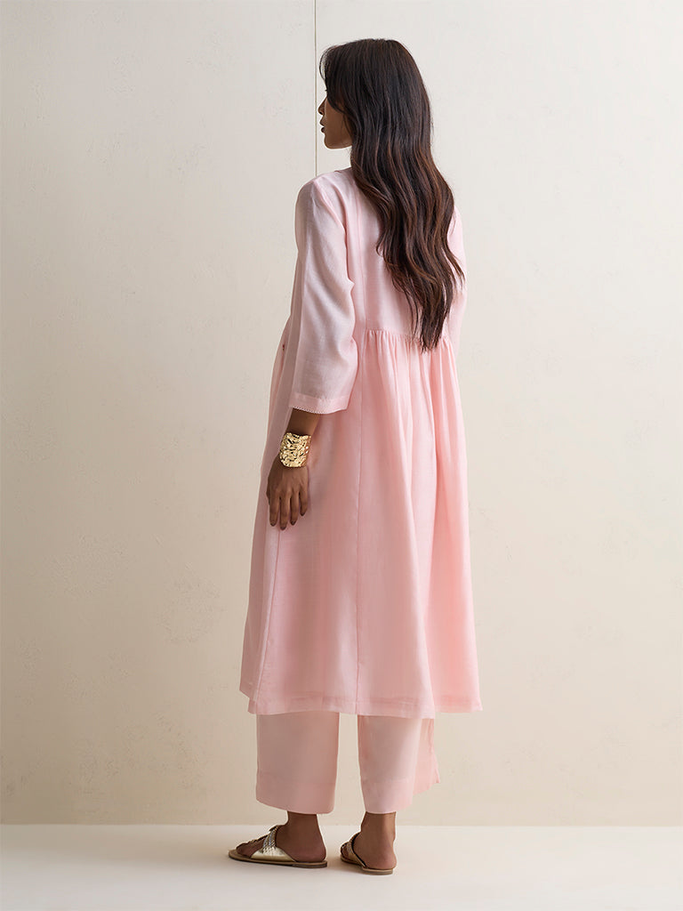Zuba Light Pink Floral Embroidered Cotton-Blend A-Line Kurta