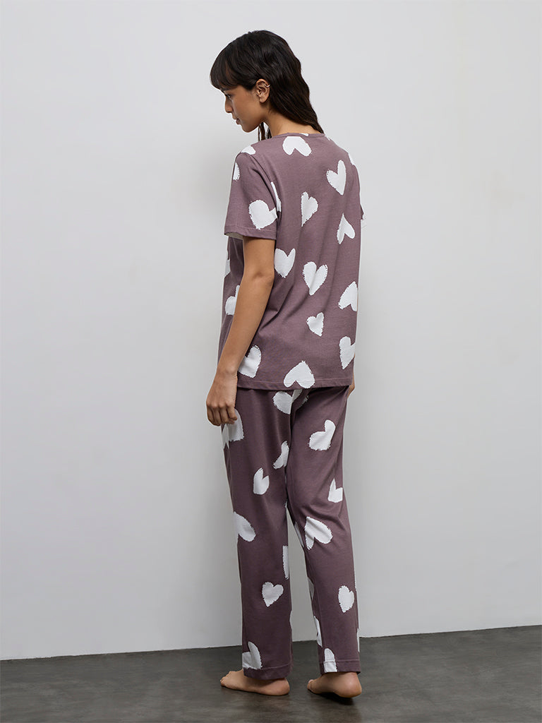 Wunderlove Brown Heart Printed Cotton T-Shirt with Pant Set