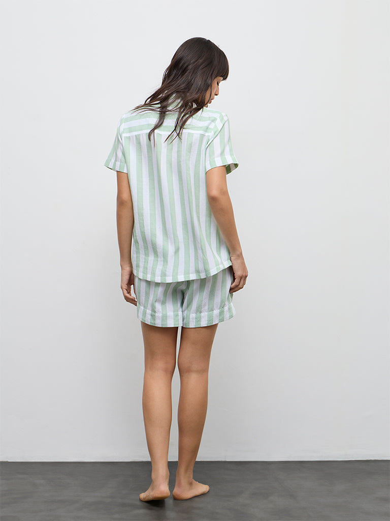Wunderlove Mint Striped Cotton Shirt and Shorts Set