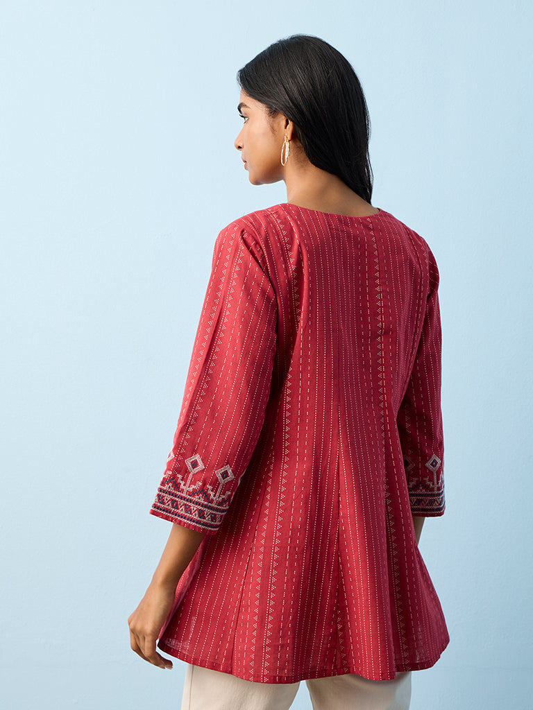 Utsa Red Kantha Striped Cotton Tunic