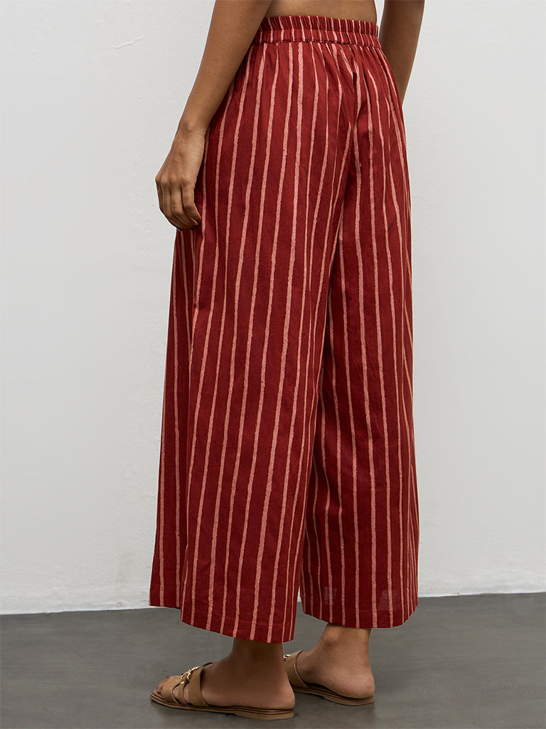 Utsa Red Striped Cotton Pants
