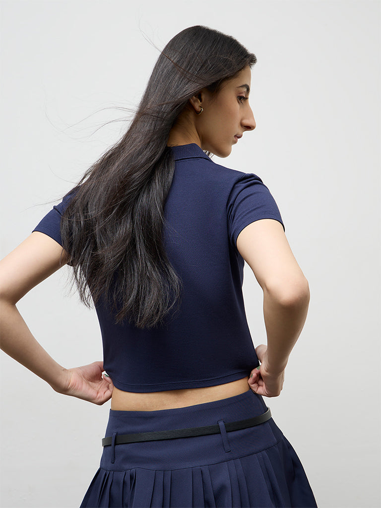 Nuon Navy Embroidered Cotton-Blend Polo T-Shirt