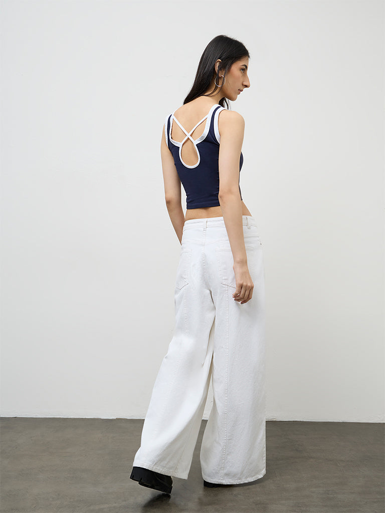 Nuon Navy Cut-Out Design Cotton-Blend Tank Top