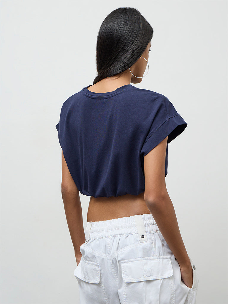 Nuon Navy Text-Printed Cotton-Blend T-Shirt