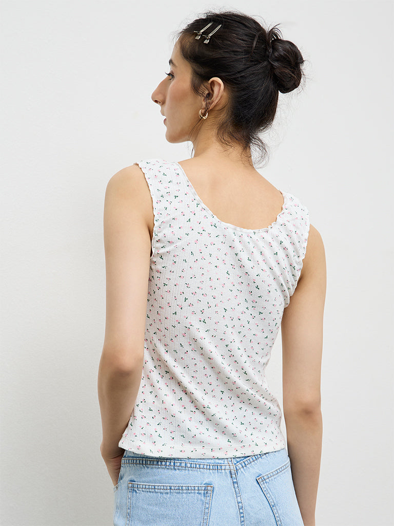 Nuon White Floral Printed Cotton-Blend Tank Top