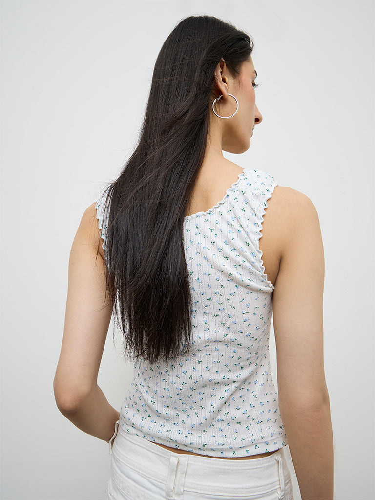 Nuon White Floral Design Cotton-Blend Top