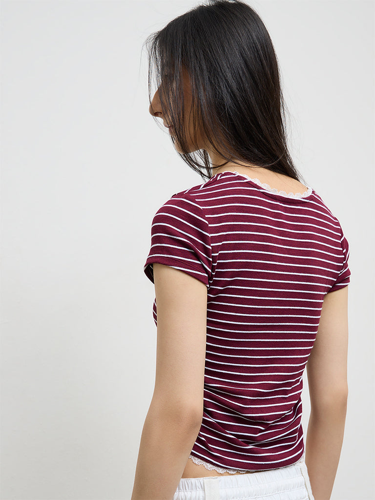 Nuon Burgundy Striped Cotton-Blend Top