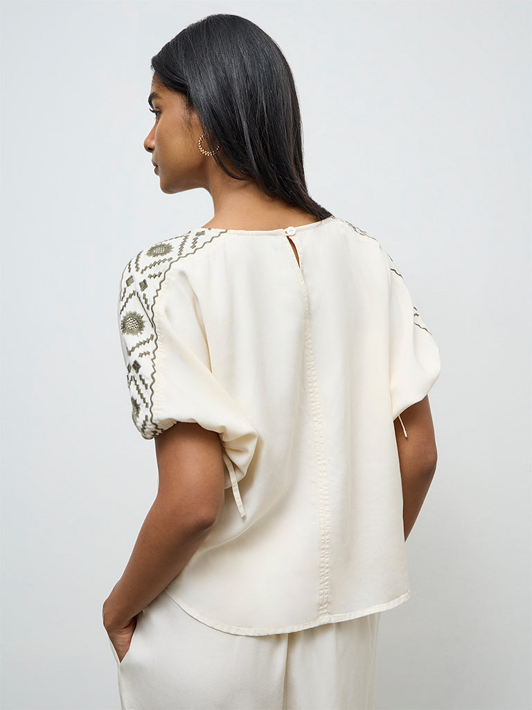LOV Cream Embroidered Cotton Blouse