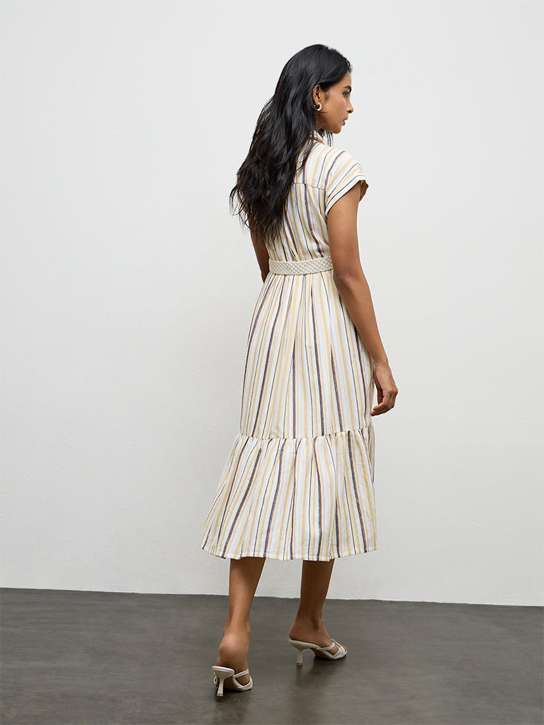 LOV Light Yellow Striped Linen-Blend A-Line Dress