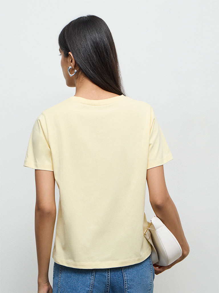 LOV Light Yellow Graphic Printed Cotton T-Shirt