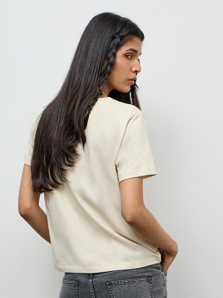 LOV Cream Graphic Printed Cotton T-Shirt