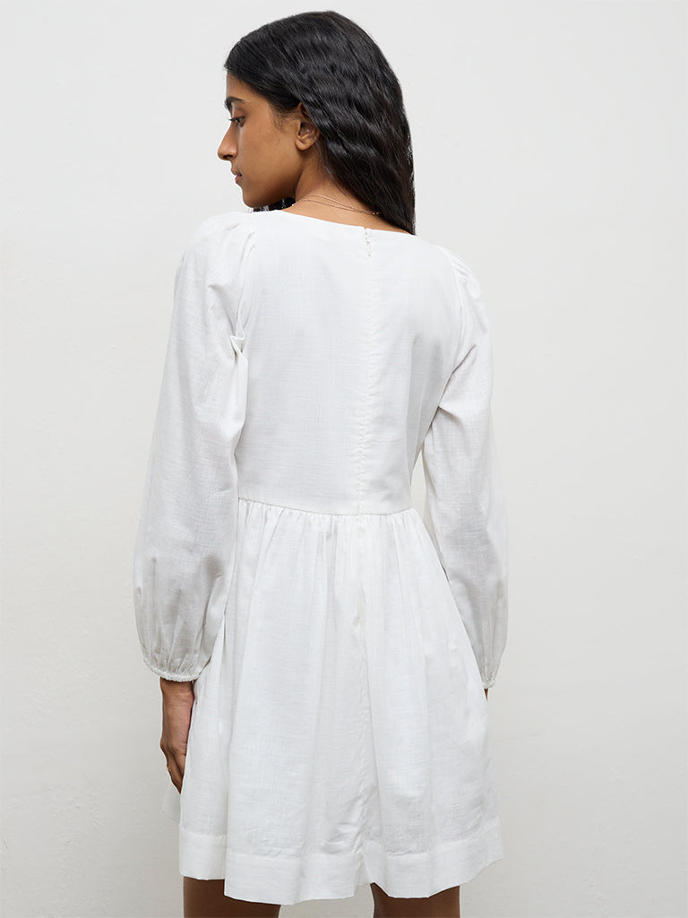 Bombay Paisley Off-White Floral Embroidered Cotton A-Line Dress