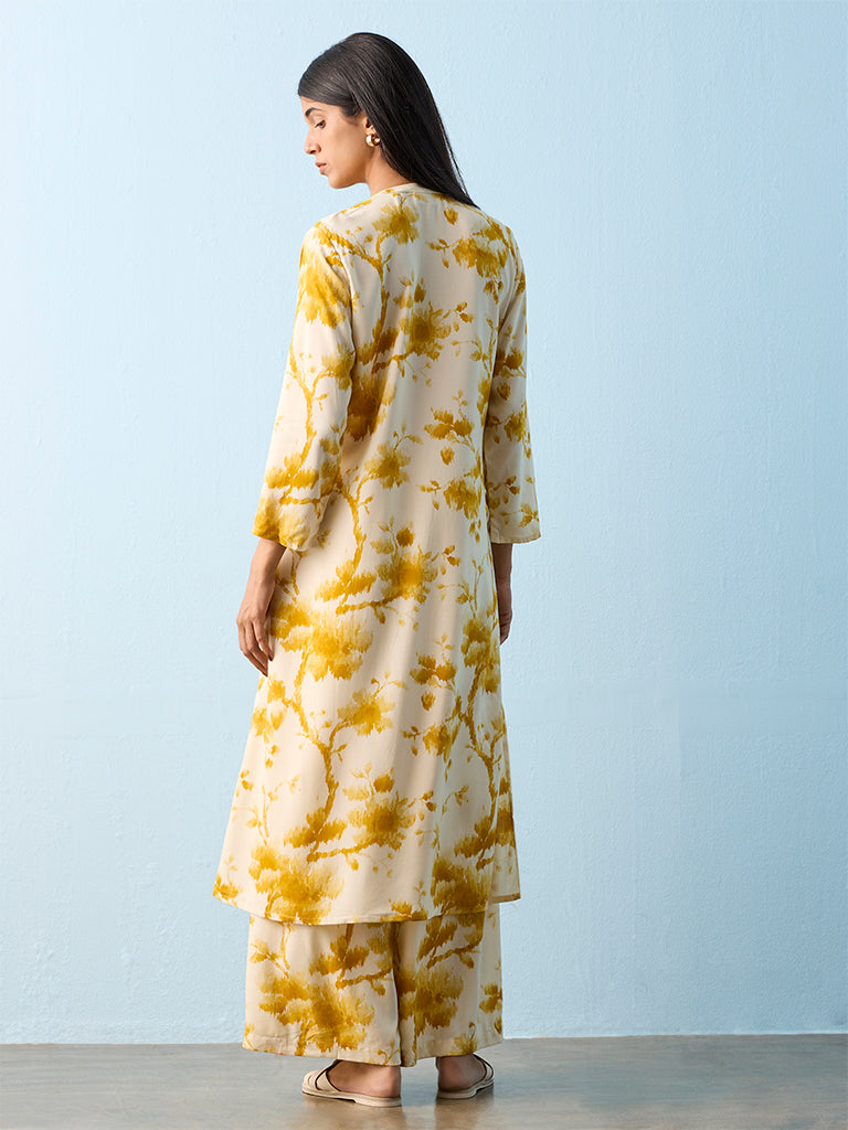 Utsa Mustard Tie-Dye Printed A-line Kurta