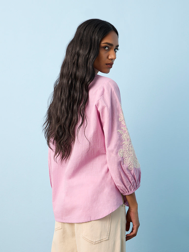 Utsa Lilac Floral Embroidered Cotton Straight Tunic