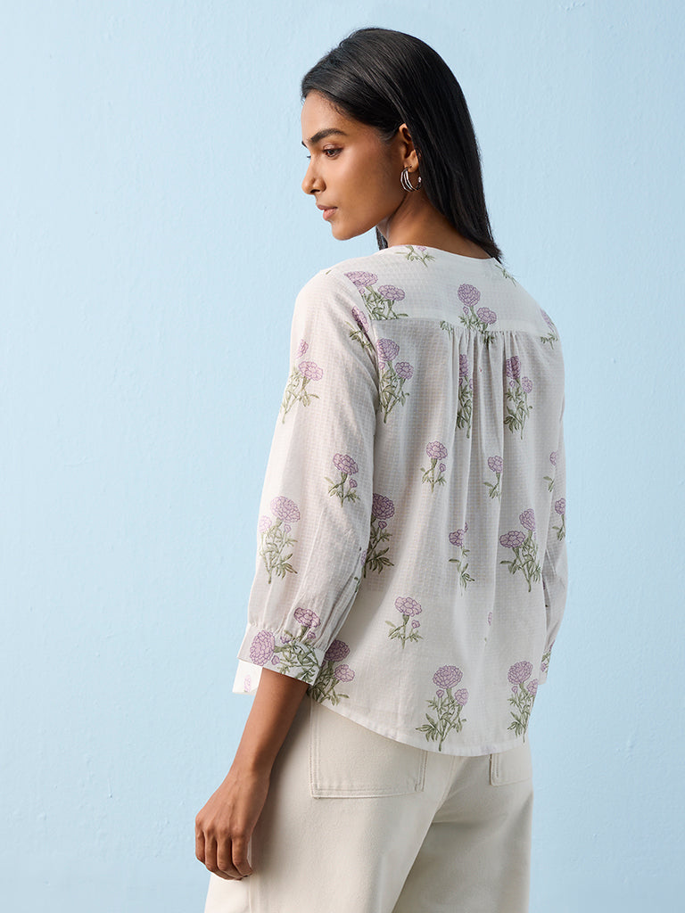 Utsa White Floral Pattern Cotton Tunic