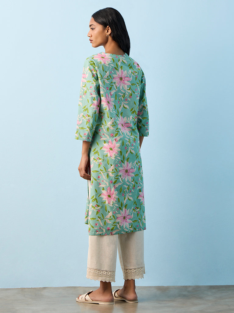 Utsa Blue Floral Printed Cotton Straight Kurta