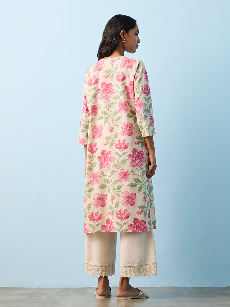 Utsa Off-White Floral Print Cotton Straight Kurta