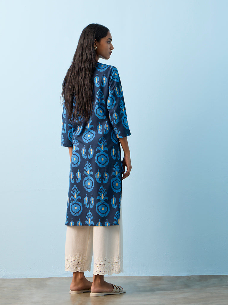 Utsa Navy Pineapple Printed Cotton Straight Kurta