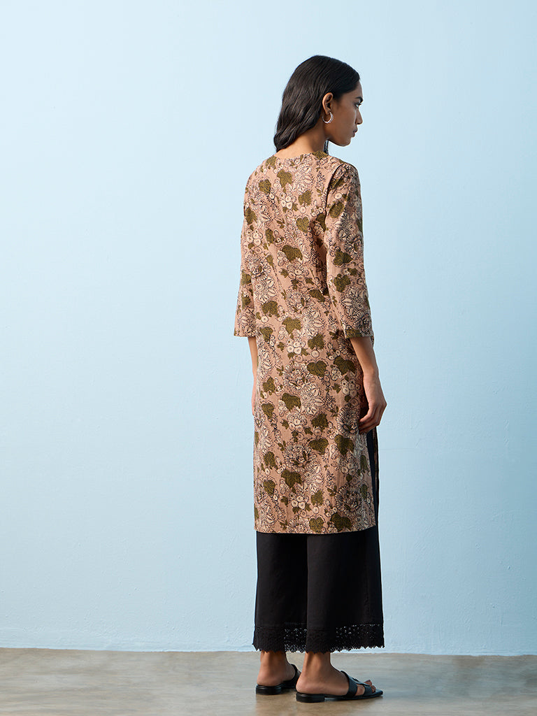 Utsa Brown Foliage Design Cotton Straight Kurta