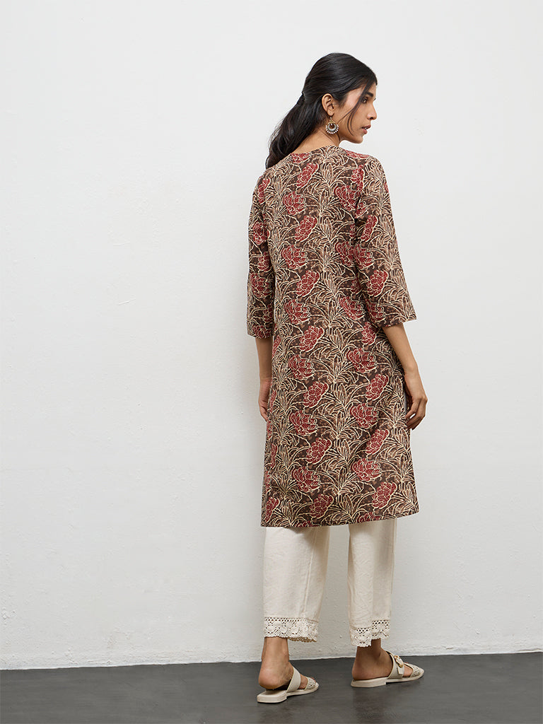 Utsa Brown Floral Printed Cotton Straight Kurta