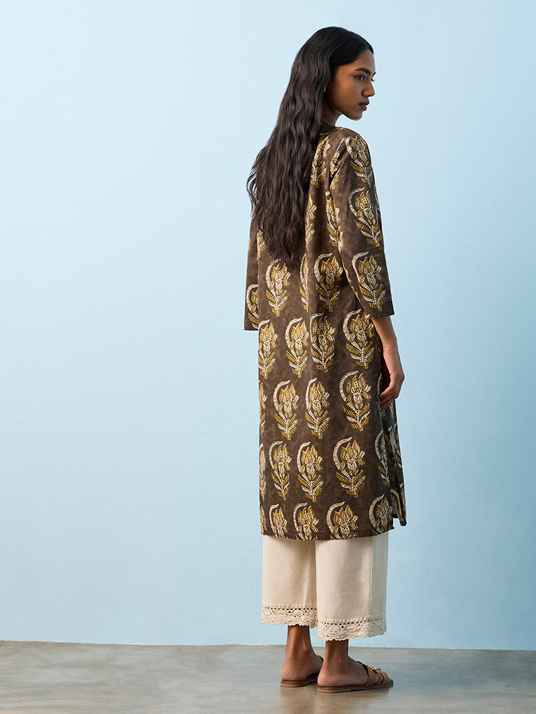 Utsa Brown Floral Pattern Cotton Straight Kurta