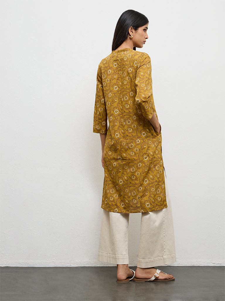 Utsa Mustard Floral Printed Cotton Straight Kurta