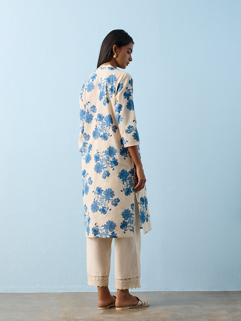 Utsa Indigo Floral Printed Cotton Straight Kurta