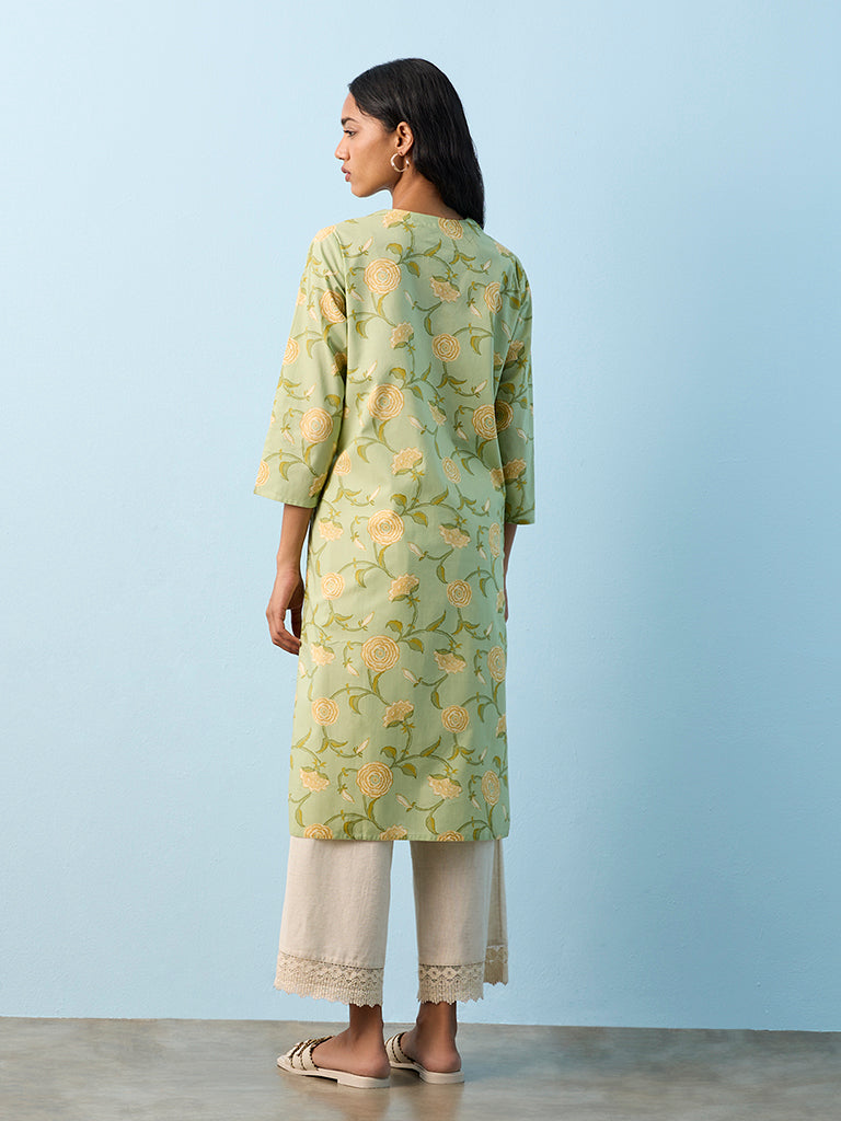 Utsa Green Botanical Printed Cotton Straight Kurta