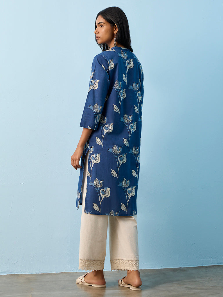 Utsa Indigo Bird Printed Cotton Straight Kurta