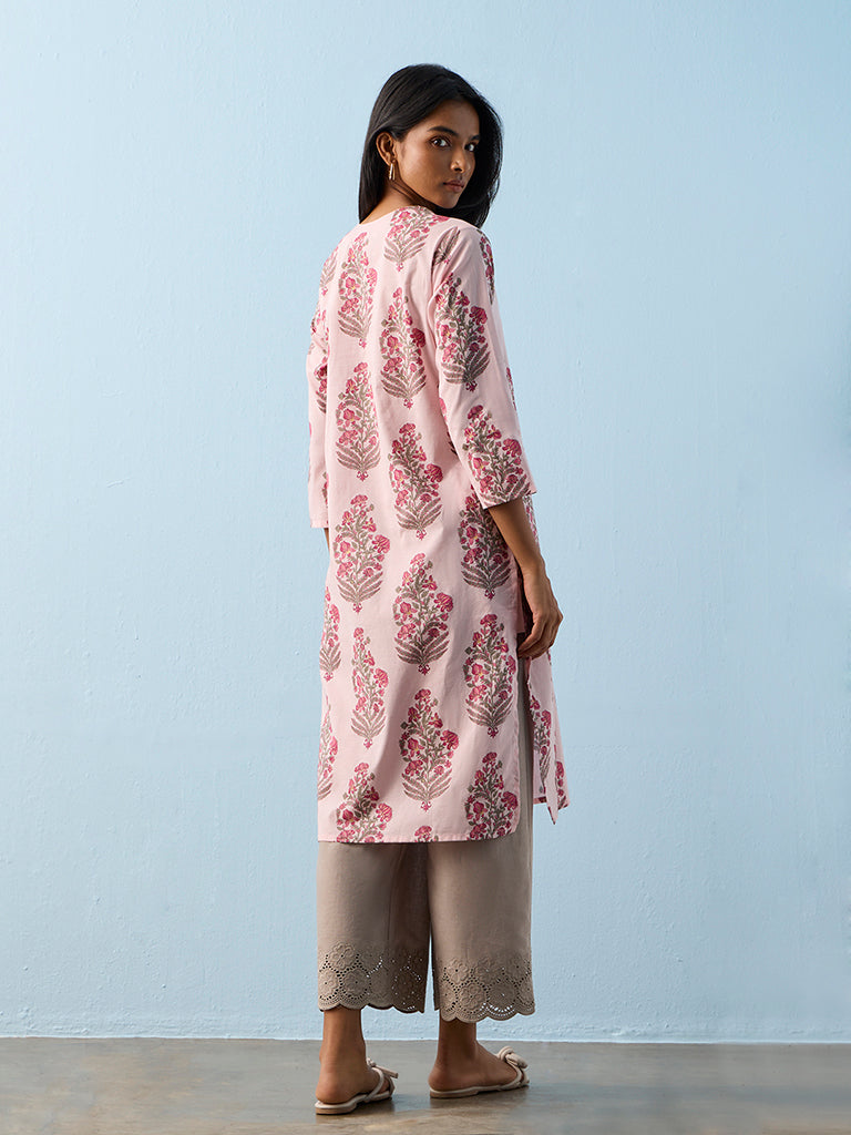 Utsa Pink Floral Printed Cotton Straight Kurta