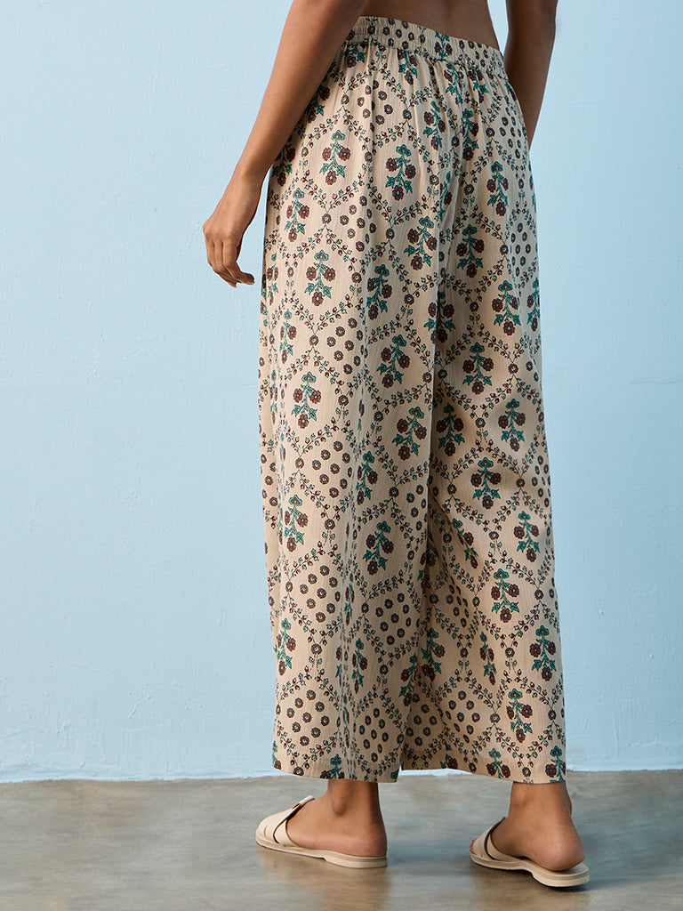 Utsa Taupe Botanical Design Cotton Palazzos