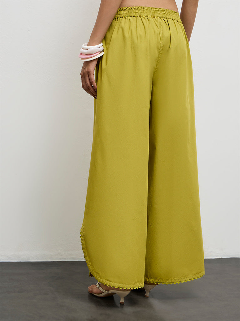 Utsa Lime Solid Cotton-Blend Palazzos