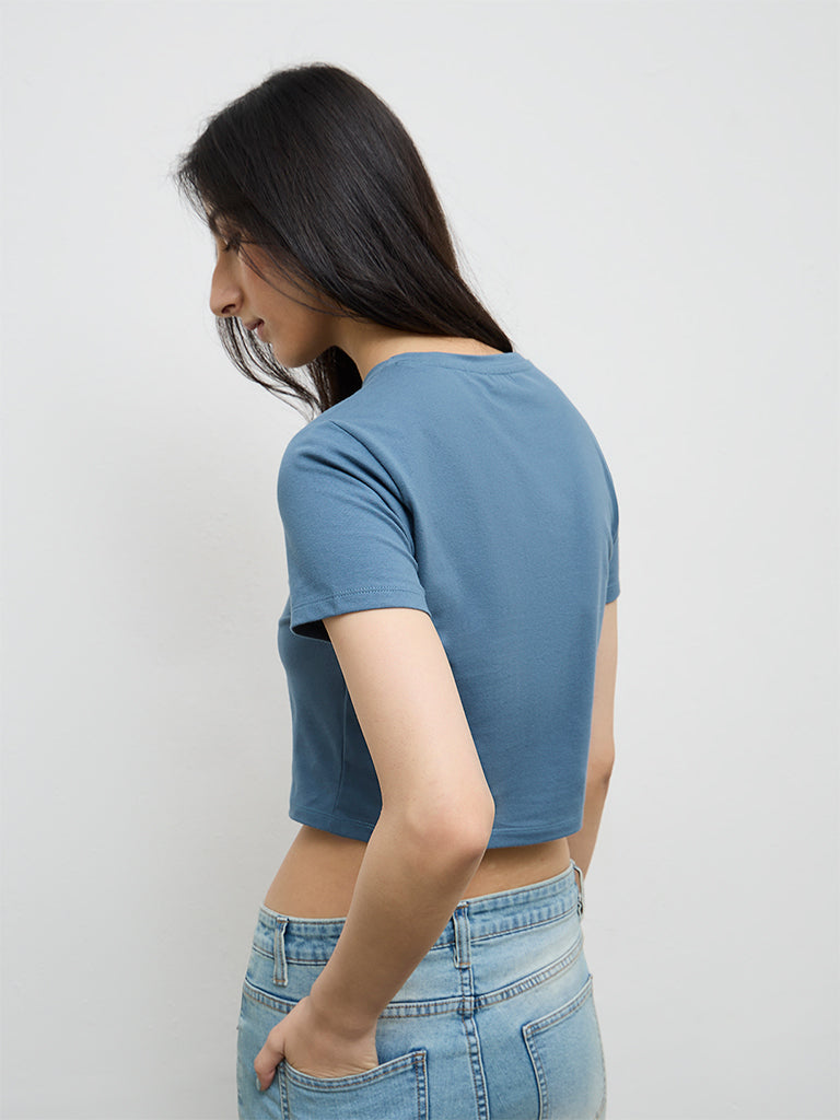 Nuon Dusty Blue Graphic Printed Cotton-Blend T-Shirt
