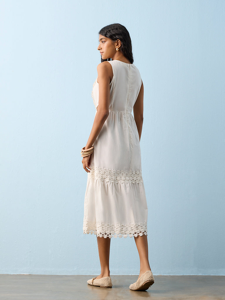 Bombay Paisley White Floral Embroidered Cotton A-Line Dress