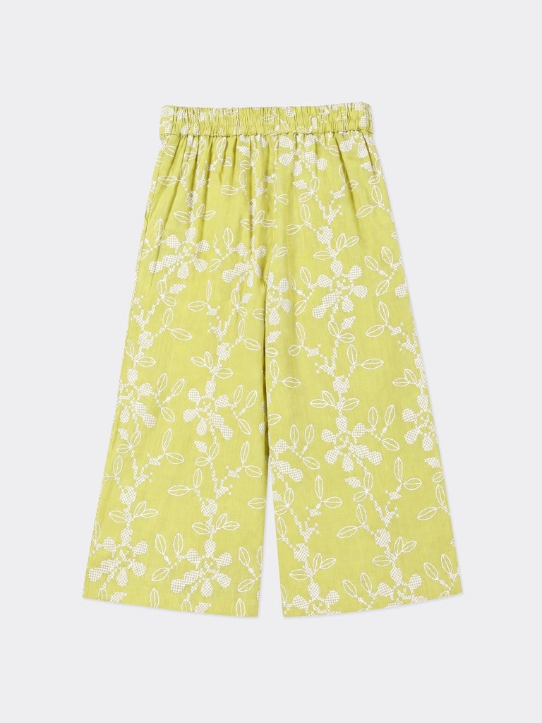 Utsa Kids Girls Lime Green Floral Cotton Wide Leg Pants - (2-8 yrs)