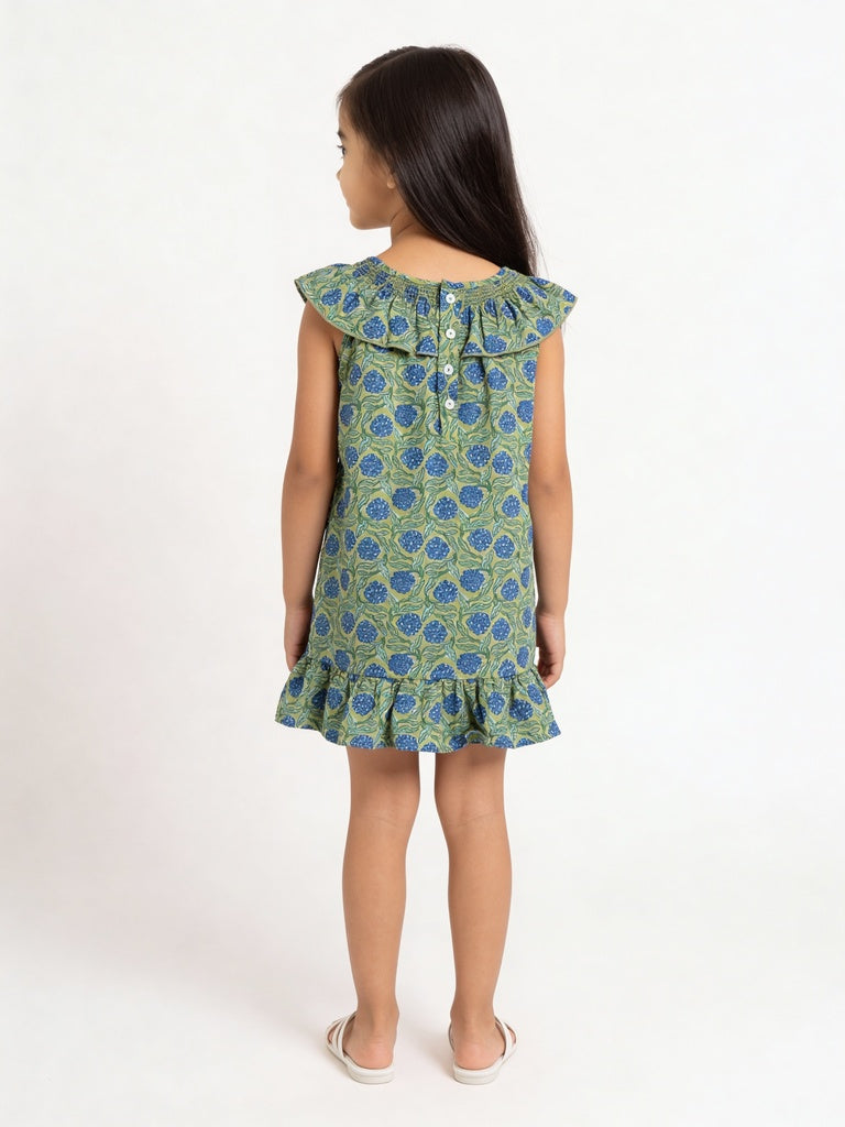 Utsa Kids Girls Lime Green Floral Printed A-Line Cotton Dress - (2- 8 yrs)