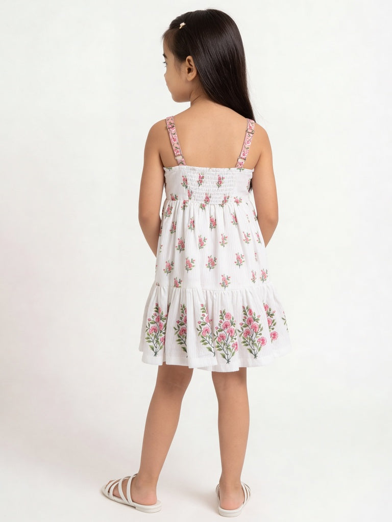 Utsa Kids Girls White Floral Embroidered Cotton Tiered Dress - (2-8 yrs)