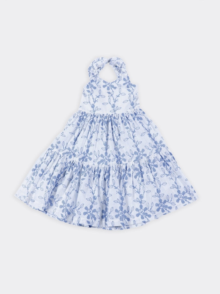 Utsa Kids Girls White Blue Embroidered Cotton Fit and Flare Dress - (2-8 yrs)