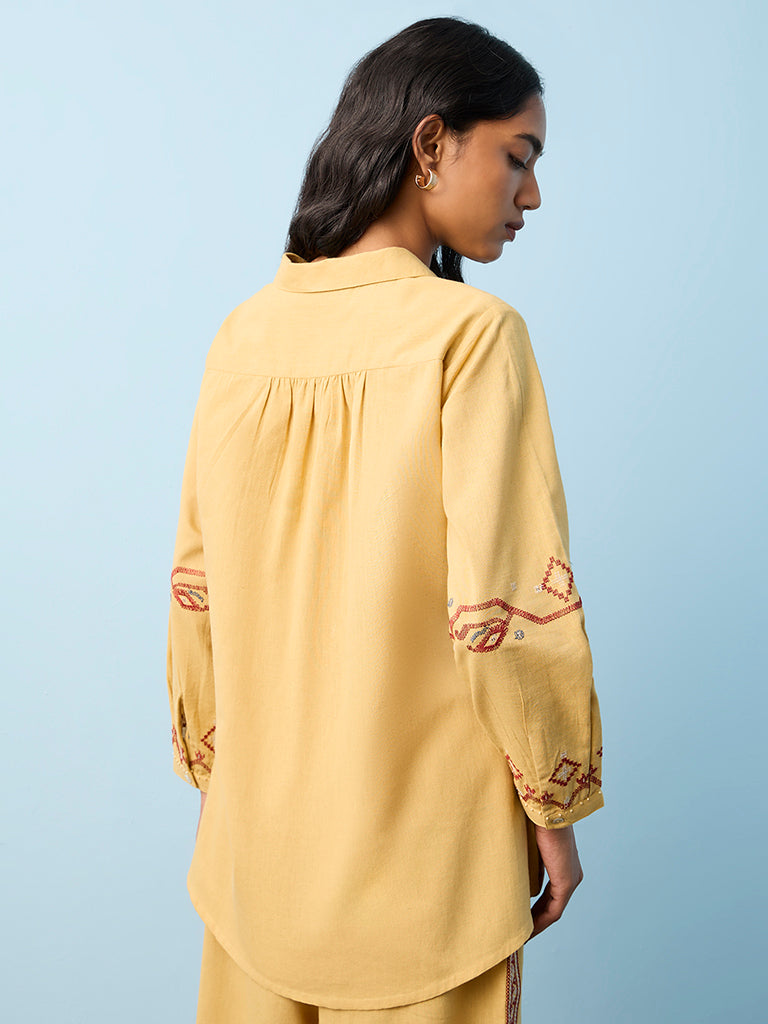 Utsa Mustard Embroidered Cotton-Blend Tunic
