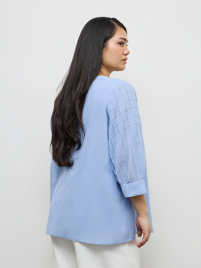 Gia Light Blue Checks Embroidered Cotton-Blend Blouse